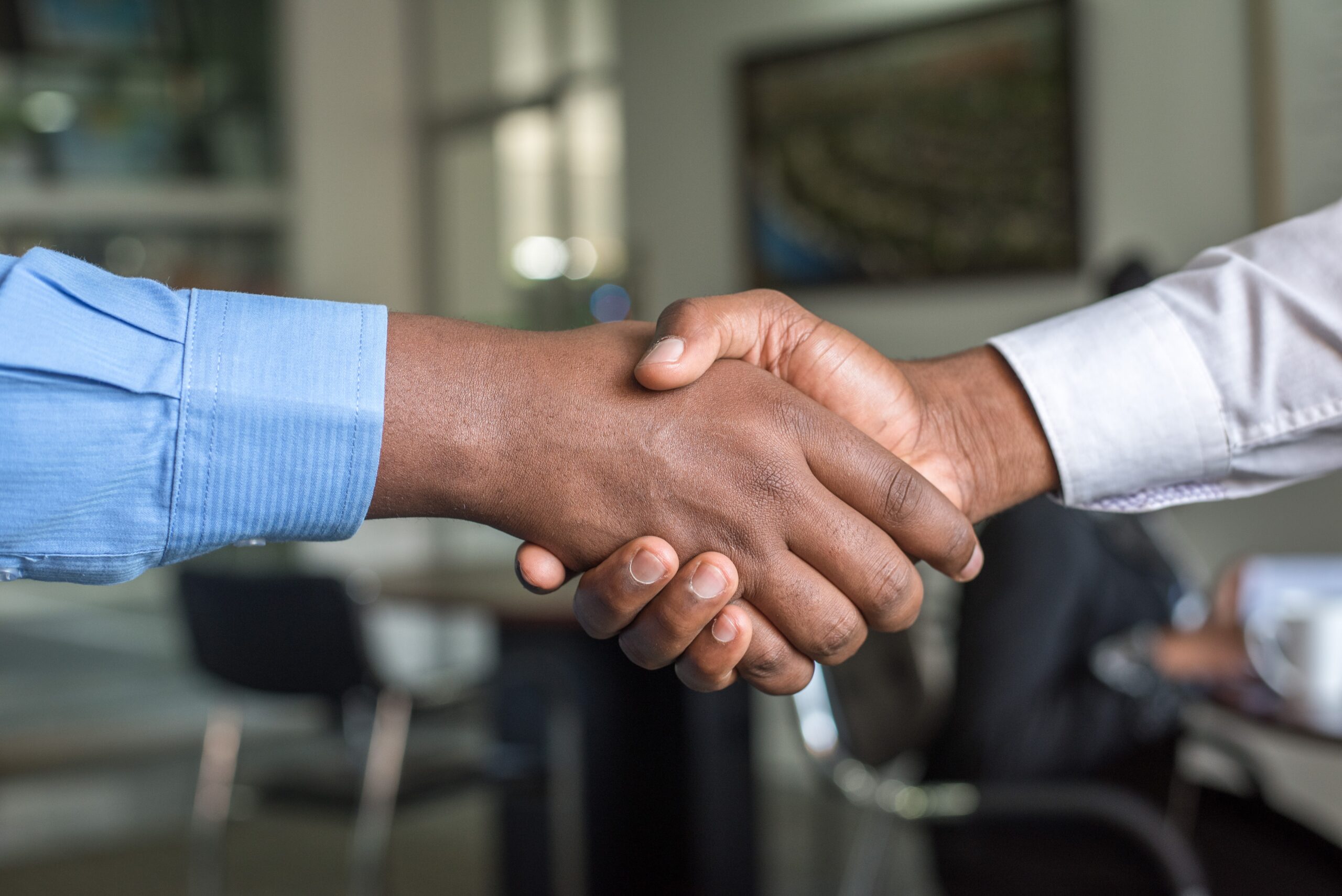 Two people shaking hands in business attire. The image is just of the hands
